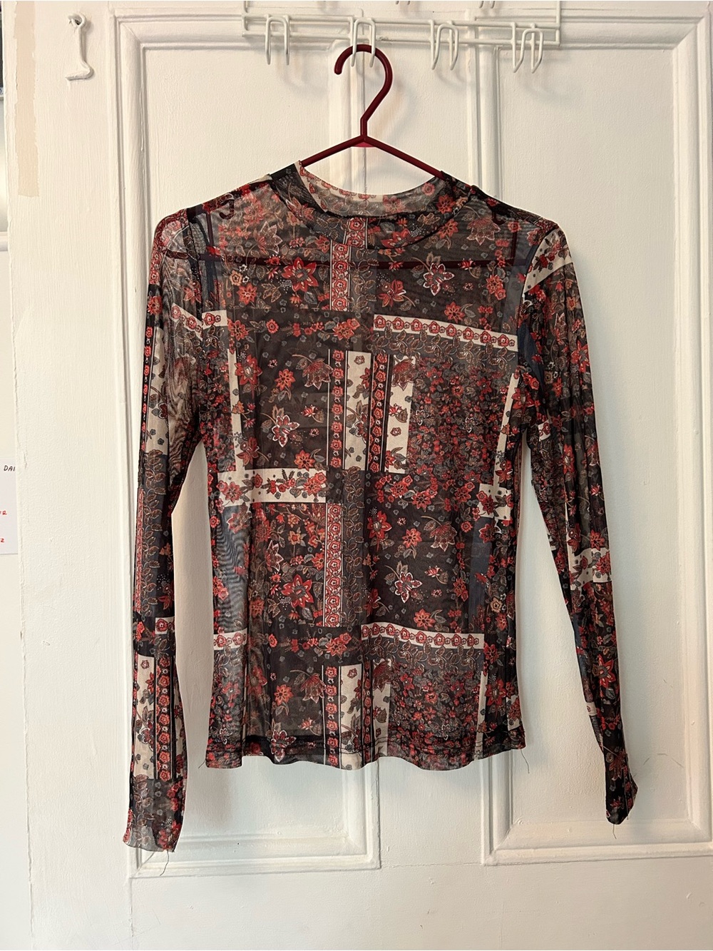 Long Sleeve Mesh Floral Patchwork Top - Black & Red